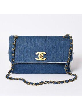 Chanel Chenel Maxi Quilted Single Flap Chain Shoulder Bag Denim Blue Gold